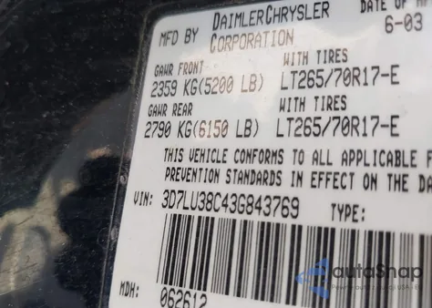 2003 Dodge Ram 3500 Slt/Laramie/St from USA, damaged, VIN 3D7LU38C43G843769